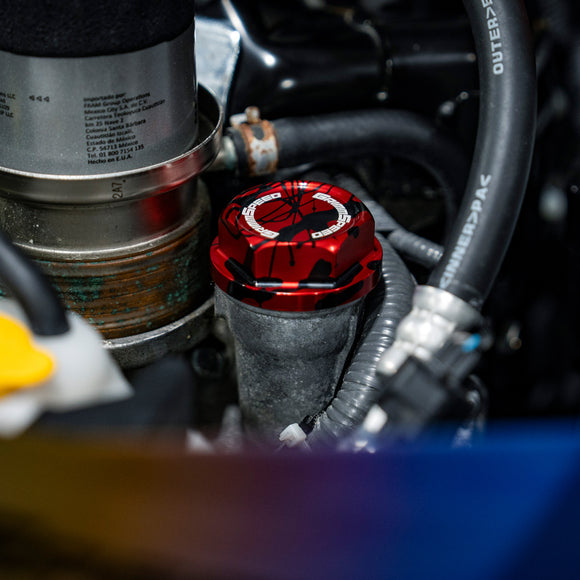 GrimmSpeed Splatter Red Black V2 Bolt Oil Cap 2002+ WRX / 2004-2021 STI